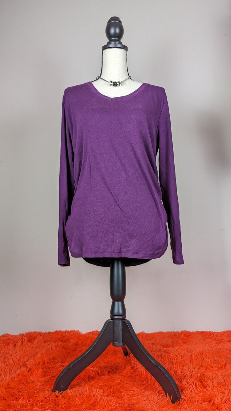 Liz Lange Maternity Purple Long Sleeve Round Neck Side Cinch Waist Tee T-Shirt L
